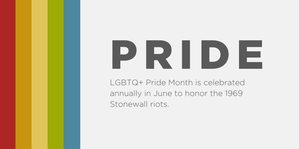 Rainbow colors and the words PRIDE: LGBTQ+ Pride Month is celebrated annually in June to homor the 1969 Stonewall riots.