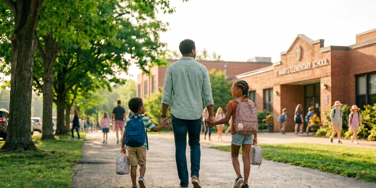 dad walking children to first day of school