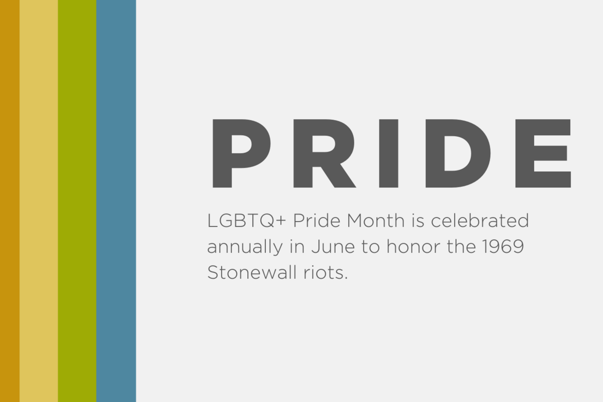 Rainbow colors and the words PRIDE: LGBTQ+ Pride Month is celebrated annually in June to homor the 1969 Stonewall riots.