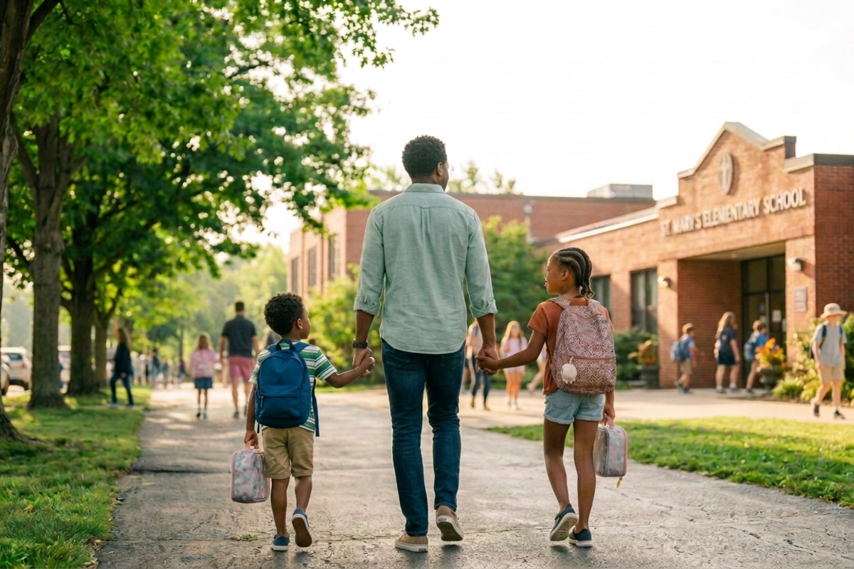 dad walking children to first day of school