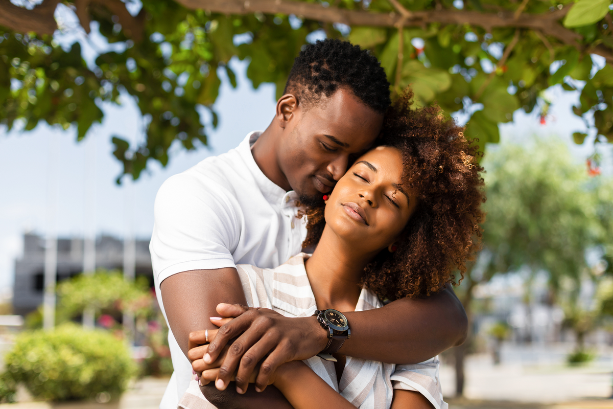 black couple hugging