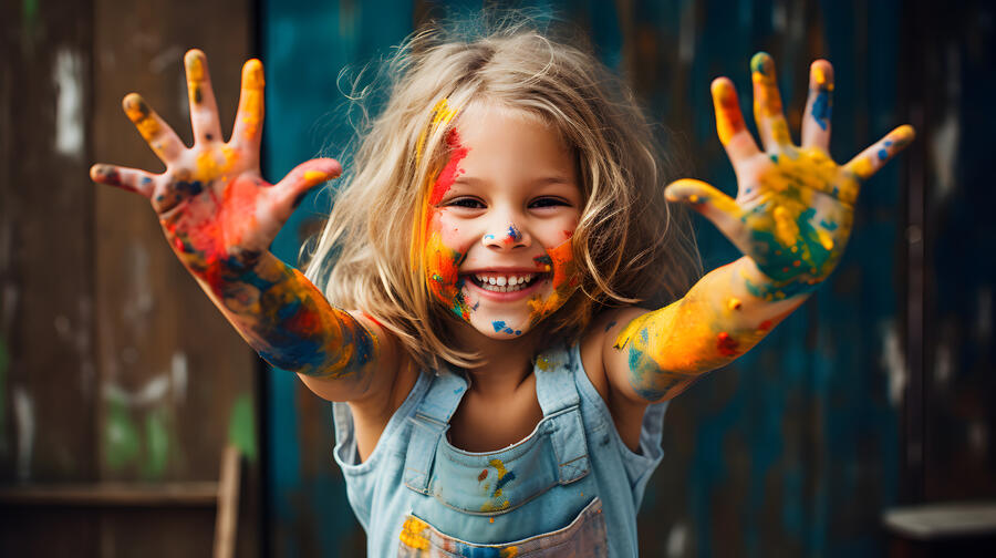 girl holding up painted hands