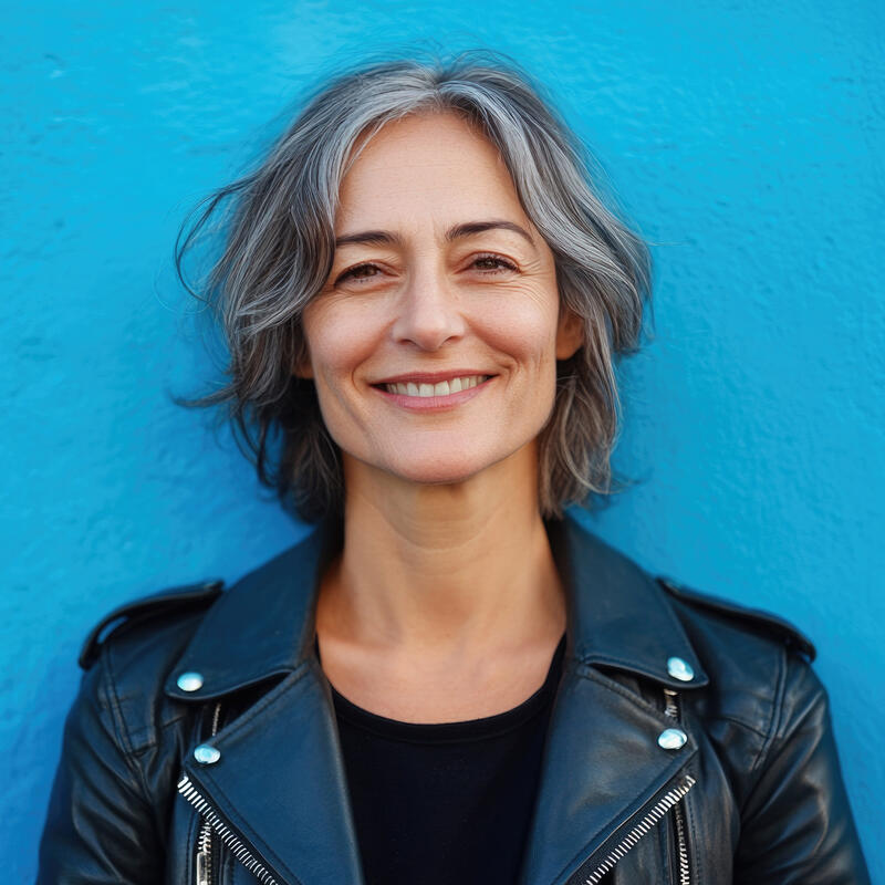 Grey haired woman standing in front of blue wall