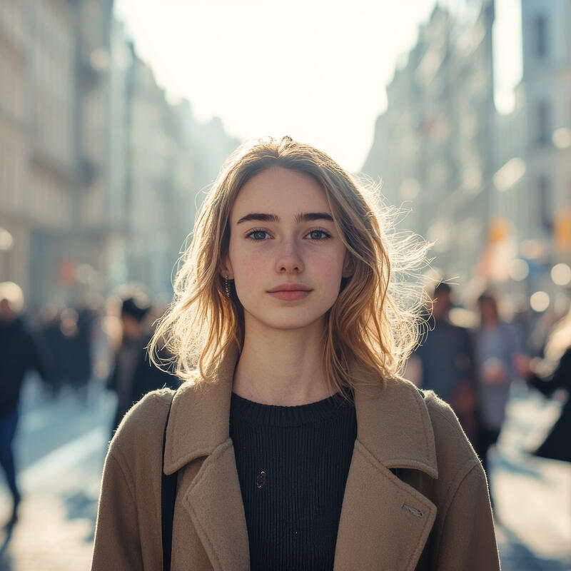 Woman standing in a crowd of people facing camera.